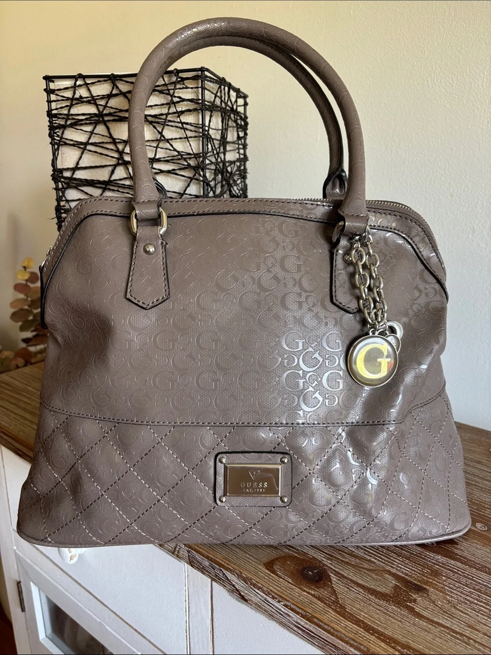 GUESS Taupe Quilted Logo Satchel Handbag